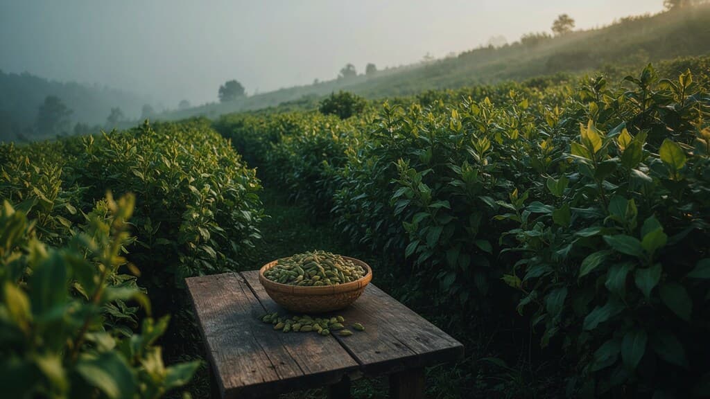 Fresh green cardamom pods at an Idukki estate